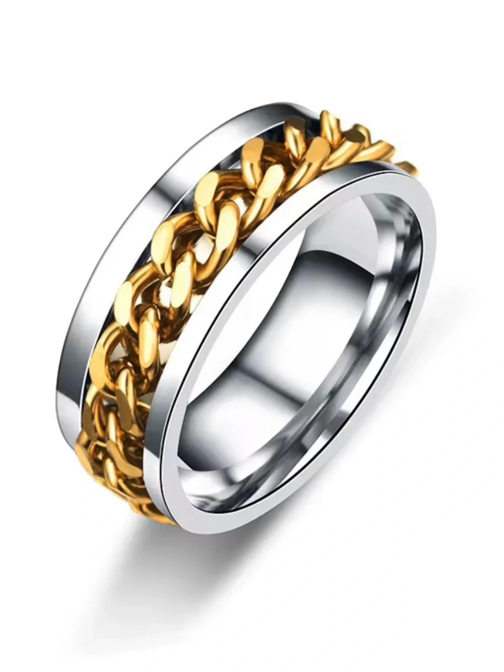 Two-Tone Chain Band Ring - Gold Chain on Silver Band